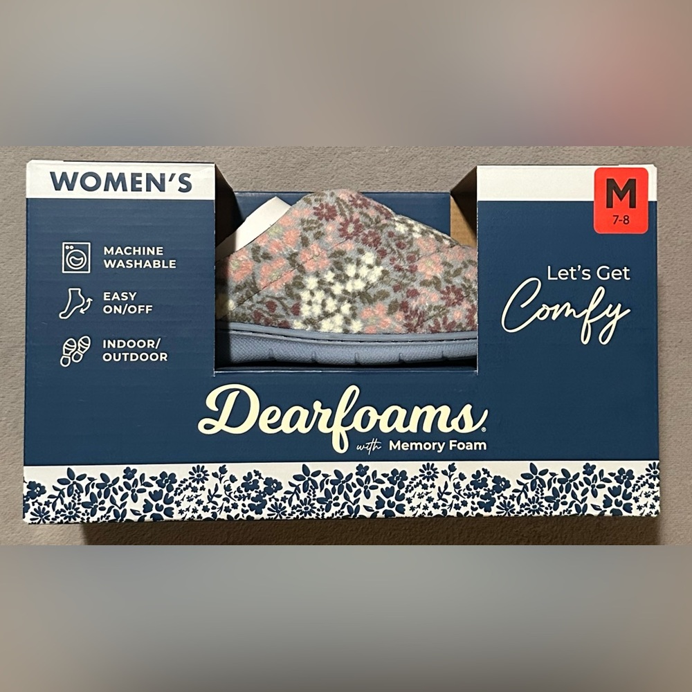 Dearfoams with Memory Foam Women’s Slippers/ Blue Floral/ Medium 7-8/ NWT